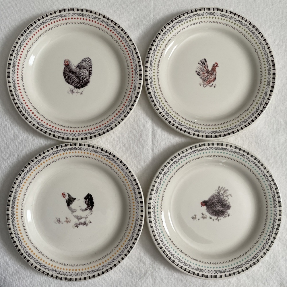 Gien Coquettes Bread Canape Desert Plates (4) 6.5" NEW IN BOX Farmhouse Hens